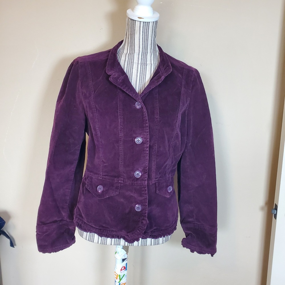 St Johns Bay Purple Corduroy Blazer Jacket Ruffle Hem Button Front Womens Medium